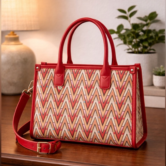 Mario Valentino Handbags - Mario Valentino Red and Tan Chevron Tote